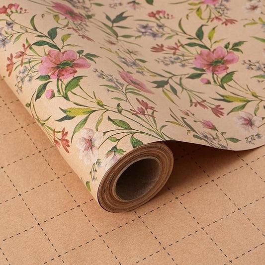 ZINTBIAL Kraft Floral Wrapping Paper Roll - Pink and Purple Floral Design, 17 Inches x 16.5 Feet, Gift Wrap for Wedding, Bridal Shower, Birthday, Mother's Day, Cut Lines on Back