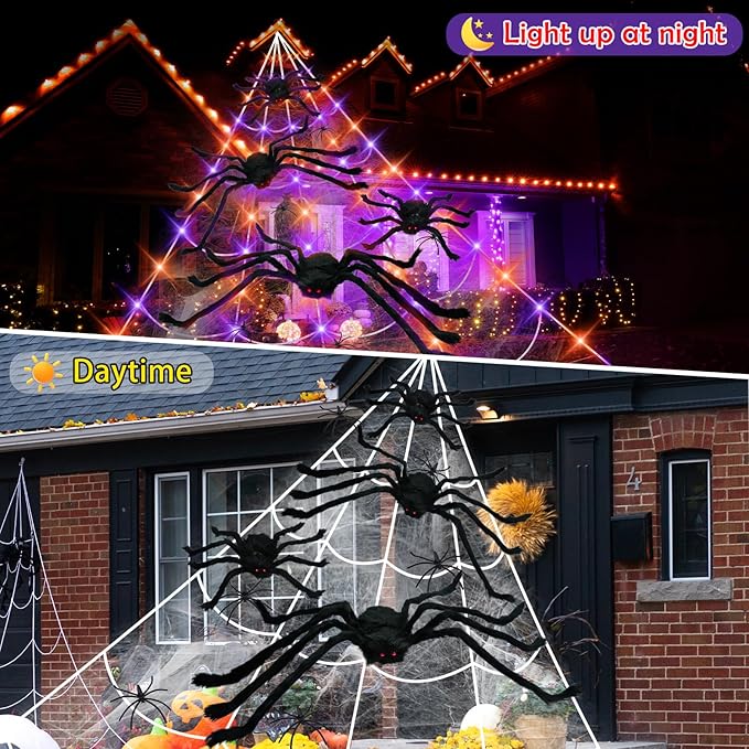 23Ft Light Up Spider Web Halloween Decorations Outdoor, 180 Orange and Purple LED Giant Web, 24 Spiders & 60g Stretch Cobweb Decor, 8 Modes Scary Lights for Outdoor Yard