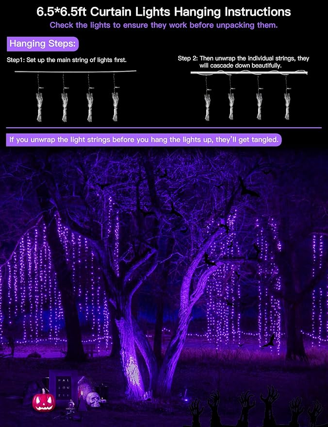 suddus Purple Curtain Lights for Halloween, 200 LED Hanging String Lights with USB Plug, Curtain String Lights Indoor for Bedroom Wall, Christmas, Party, Porch, Holiday Decorations, 6.5ft * 6.5ft