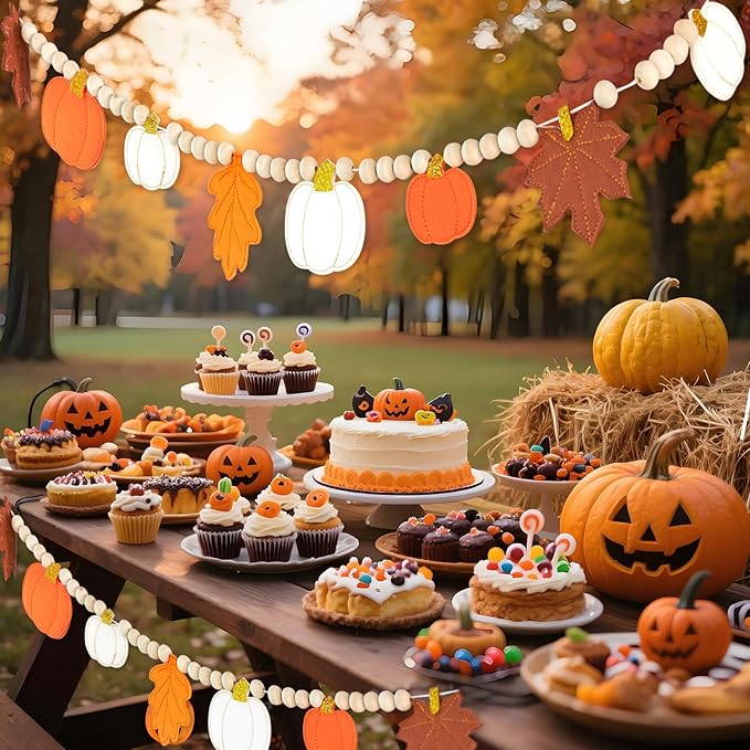 Fall Decorations for Home Felt Pumpkin Garland and Wood Bead Felt Pumpkins Hanging Garland Maple Leaf Banner for Thanksgving Decorations Indoor Fall Harvest Festival Halloween Wall Decor (8.2ft)