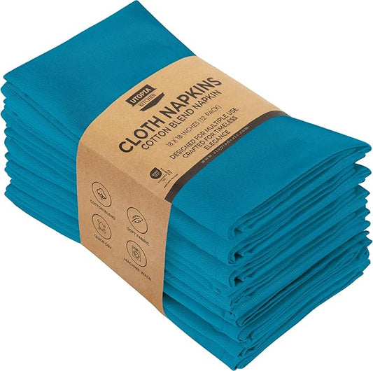 Utopia Kitchen Teal Cloth Napkins [12 Pack, 18x18 Inch] Absorbent Cotton Blend Washable and Reusable for Dinner, Restaurant, Lunch, Wedding and Hotel