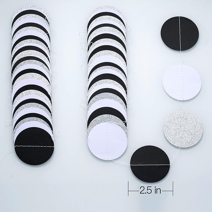 Black White Silver Glitter Paper Garland Circle Dot Streamer Banner for Graduation Bridal Shower Wedding Birthday Party Decorations, 2.5" in Diameter, 20 Feet in Total