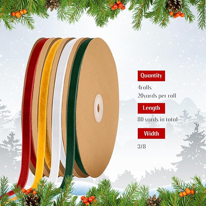 Chuangdi 80 Yards Christmas Velvet Ribbon, 4 Rolls 3/8" Xmas Velvet Ribbon for Gift Wrapping Christmas Tree Wreath Ornaments DIY Crafts Decoration, Red Green Khaki White