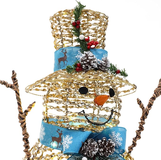 LuxenHome 2FT Lighted Snowman Outdoor Christmas Decorations, Battery Operated Gold Ribbon Snowman Christmas Decor with 41 LED Light, Blue Scarf & Hat, Xmas Decorations Outdoor Holiday Display