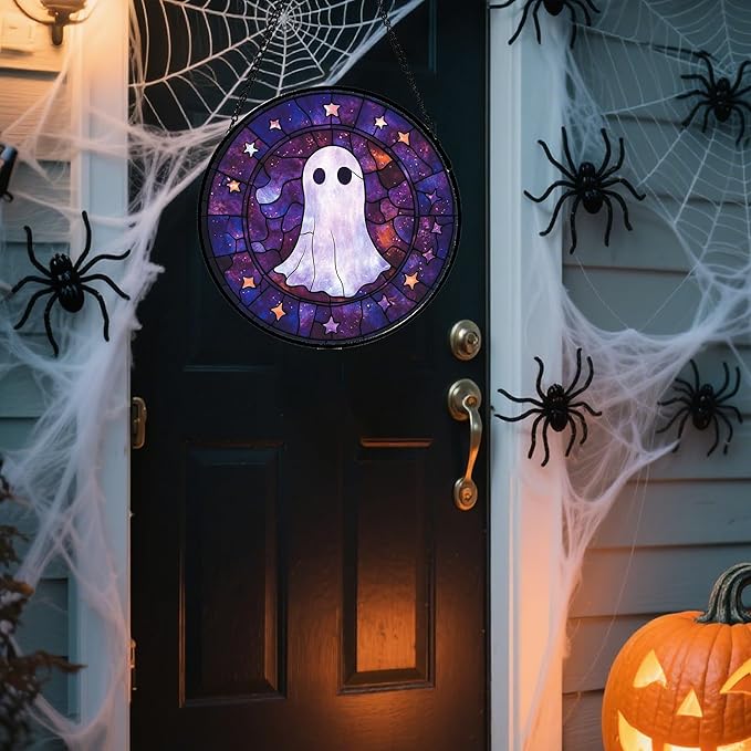 Stained Glass Window Hanging - Halloween White Star Ghost Purple Starry Sky Suncatcher for Doors Garden Indoor Spooky Sun Catchers Gothic Decor Horror Gifts for Women Men Friend 15 in