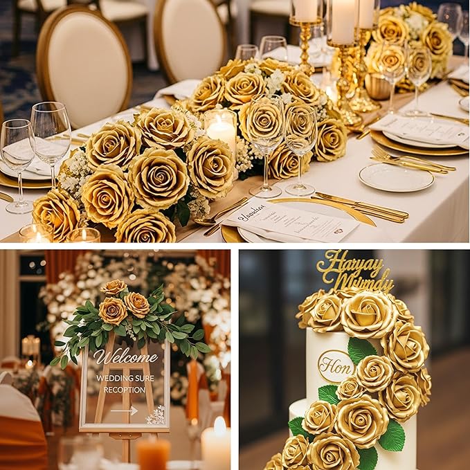 Auihiay 60PCS Gold Rose Artificial Flowers, Faux Silk Roses, Realistic Roses Bouquet for Anniversary, Baby Shower, Birthday, Graduation, Table Centerpieces, Cake Flower, Valentine's Day Decorations