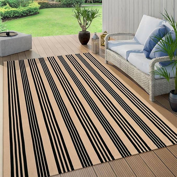 KIMODE Indoor Outdoor Rug 5'x7', Black and Khaki Striped Fall Outdoor Rug, Reversible Washable Large Patio Rugs, Cotton Hand Woven Farmhouse Indoor Area Rug Floor Carpet for Backyard Living Room