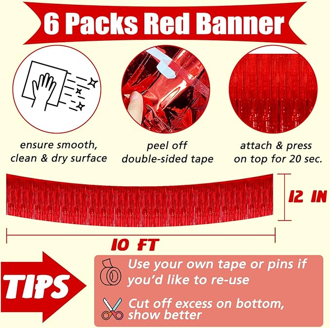 6 Pack 10 Feet Foil Fringe Garland Metallic Tinsel Banner Wall Hanging Curtain Streamers Backdrop for Parade Floats Bachelorette Wedding Birthday Party Thanksgiving Christmas Decorations(Red)