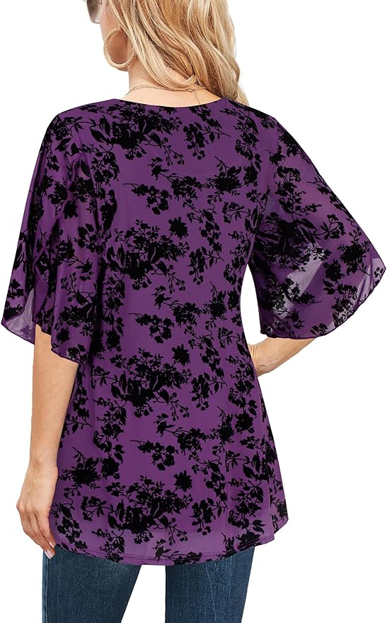 Ninedaily Women's Tops 3/4 Sleeve Blouses Dressy Casual Double Layers Mesh Tunic Shirts