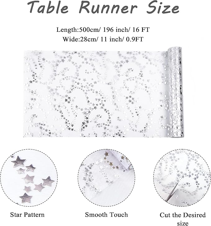 YATOJUZI Silver Table Runner,16 Ft Star Sheer Chiffon Tulle Table Runner,Sequin Glitter Metallic Foil Silver Table Decorations Centerpiece for Wedding Birthday Party