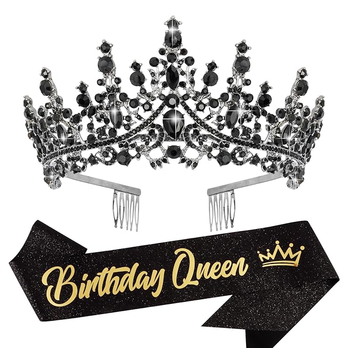Velscrun Black Crystal Birthday Queen Tiara Crown for Women Girls Birthday Queen Headband Sash Elegant Princess Crown with Combs Hair Accessories Happy Birth Party Decorations Mom Birth Gift