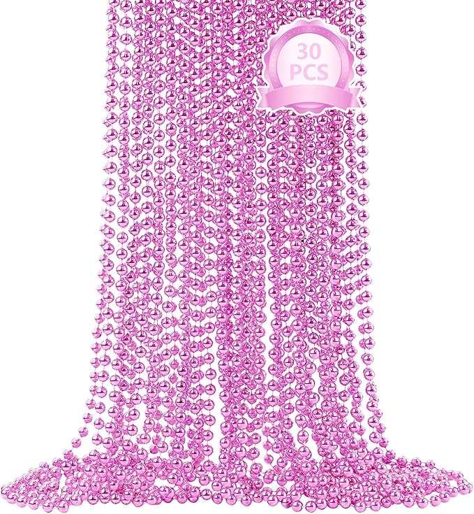 SHAOQINLIN 30 PCS Pink Bead Necklace, 33" Pink Mardi Gras Beads, Breast Cancer Awareness Beaded Necklaces, Party Beads for Mardi Gras, Christmas, Valentine's Day, Wedding, Gender Reveal Party Favors
