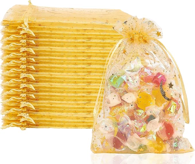 Moon Star Organza Bags 4x6 Small Mesh Bag Drawstring 50 Pcs Mesh Gift Bags Drawstring Pouch Wedding Favor Bags Jewelry Pouches Bulk Gift Pouch for Candy Soaps Birthday Festival Party Supplies, Gold