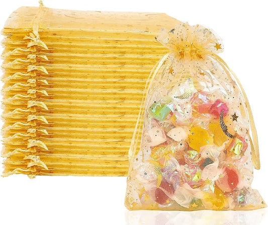 Moon Star Organza Bags 4x6 Small Mesh Bag Drawstring 50 Pcs Mesh Gift Bags Drawstring Pouch Wedding Favor Bags Jewelry Pouches Bulk Gift Pouch for Candy Soaps Birthday Festival Party Supplies, Gold