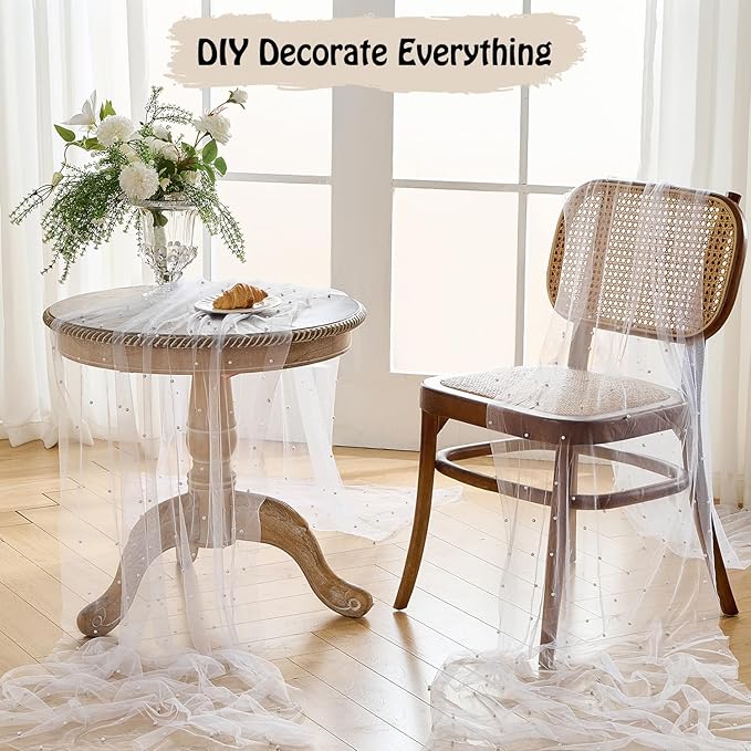 Fanami 1 Pack Pearl Table Runner -10FT Ivory White Boho Tulle Table Runners 120 Inches Long Rustic Sheer Lace Fabric Centerpieces for Wedding Arch Birthday Party Bridal Veil Baby Shower Decorations