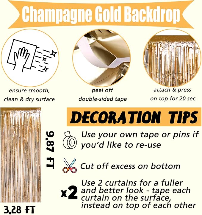 4 Pack Champagne Gold Fringe Curtain Backdrop, 3.2Ft x 9.8Ft Metallic Tinsel Foil Fringe Streamers Curtains Background for Photo Booth Birthday Baby Shower Party Wedding Graduation Decorations