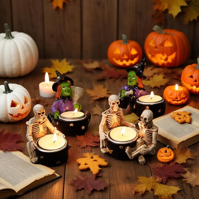 Candle Holder Halloween Skull Witch Decoration Candlestick Horror Spooky Decoration for Halloween Themed Home Table Desk Decor,4 Packs