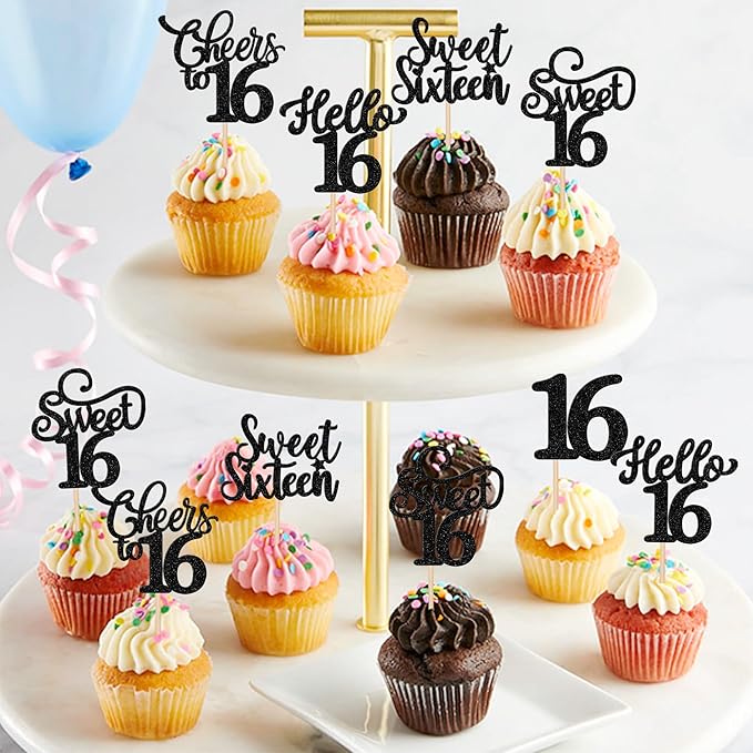 30PCS Happy 16th Birthday Cupcake Toppers Glitter Sweet Sixteen Hello 16 Cupcake Picks Cheers to 16 Birthday Decorations for 16th Birthday Anniversary Party Cake Decoration Supplies Black