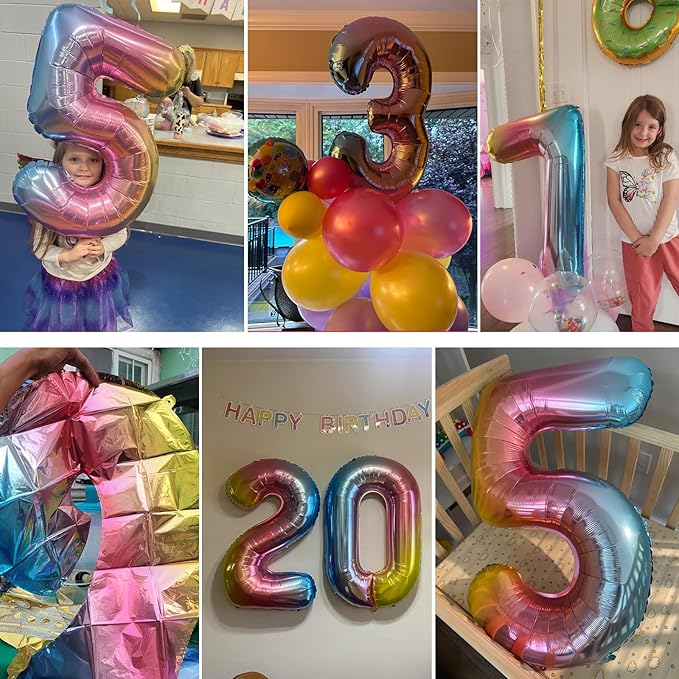 Smlpuame 40 Inch Number Balloons 0-9 Rainbow Gradient Large Number 100 Balloons, Digital Balloons for Birthday Party Celebration Decorations, Helium Foil Number Balloons for Wedding Anniversary