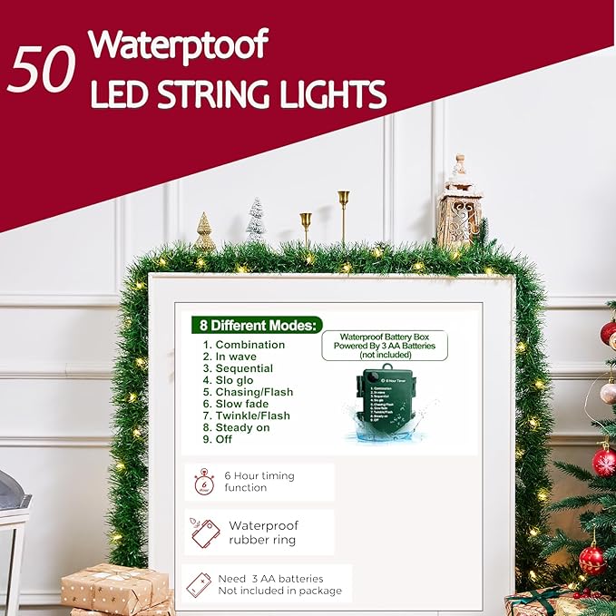 WEMADE 15.4ft Pre-Lit Christmas Garland with Lights – 50 LED Lighted Garlands for Christmas Decorations Indoor Outdoor, Battery Operated 8 Modes Memory Timer for Mantel Stair Banister Doorframe Décor
