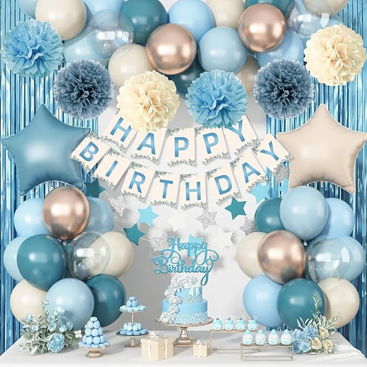 Blue Birthday Decorations, Retro Dusty Blue Sand White Gold Party Balloon Kit with Happy Birthday Banner Fringe Curtain Background Pom Poms Cake Topper for Baby Boys Girl Women Men Bday Decor Supplies