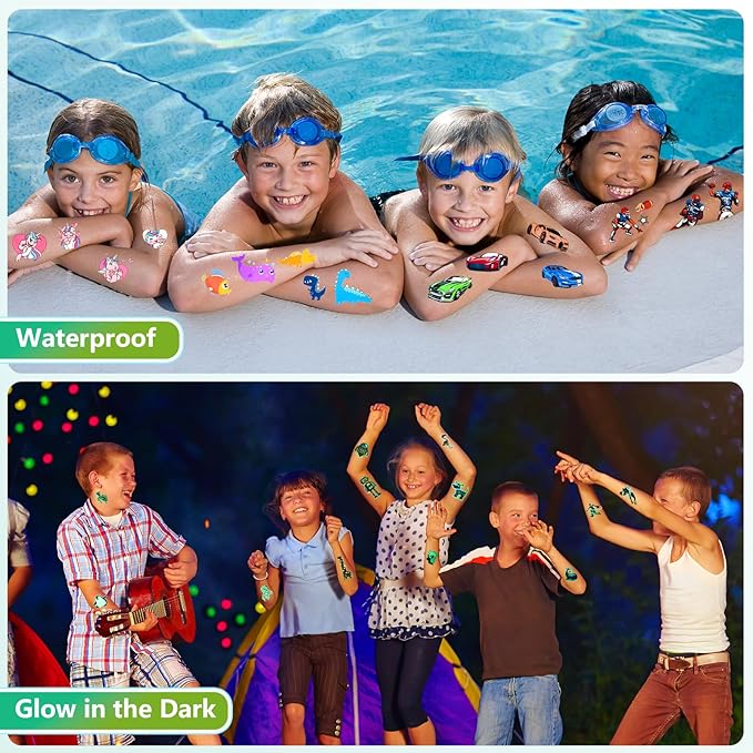 350+ Kids Themed Designs Temporary Tattoos for Boys - Individually Wrapped, Glow in the Dark, Waterproof Fake Tattoos - Multiple Themes: Dinosaur, Animal, Truck, Ocean, Baseball, Soccer, Sports, Car