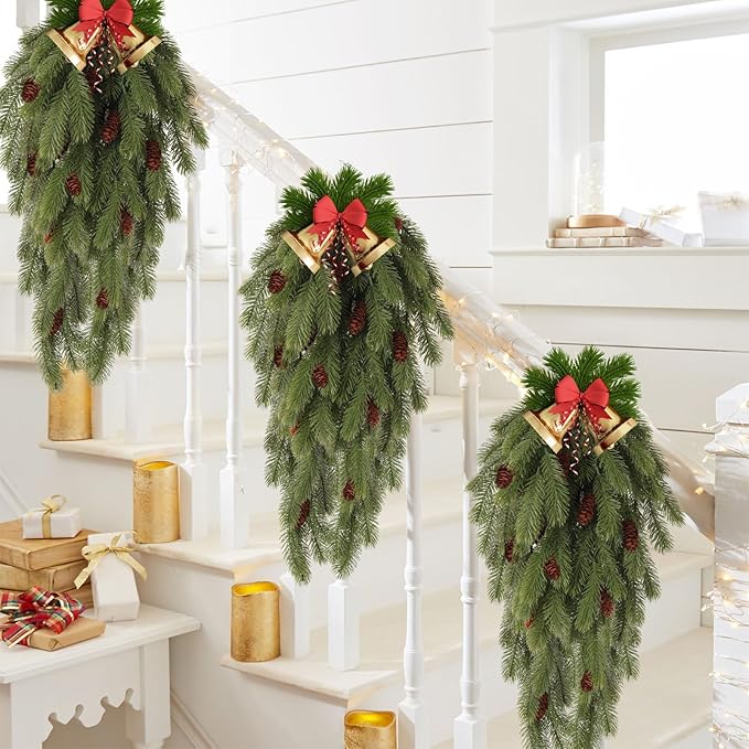 RECUTMS 2 Pack Artificial Pine Branches with Cones Green Plants Pine Needles Artificial Hanging Plants Outdoors DIY Accessories for Outdoors for Wreath Christmas and Home Garden Decoration(Green)