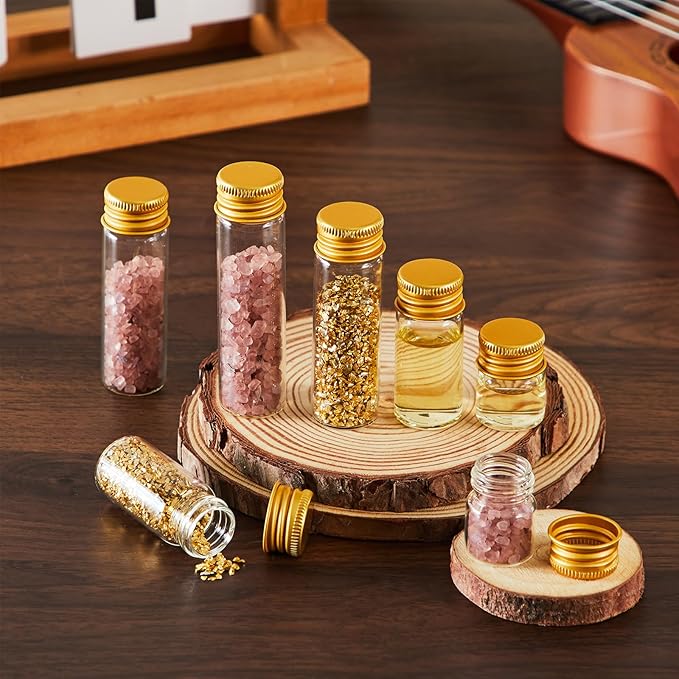 100 Pcs Small Clear Vials Spice Mini Jars with Lids Mini Glass Bottles with Screw Aluminum Metal Caps Tiny Jars Sample Containers for Powder Cream Cosmetic Jewelry Wedding (4 Size,Gold Caps)
