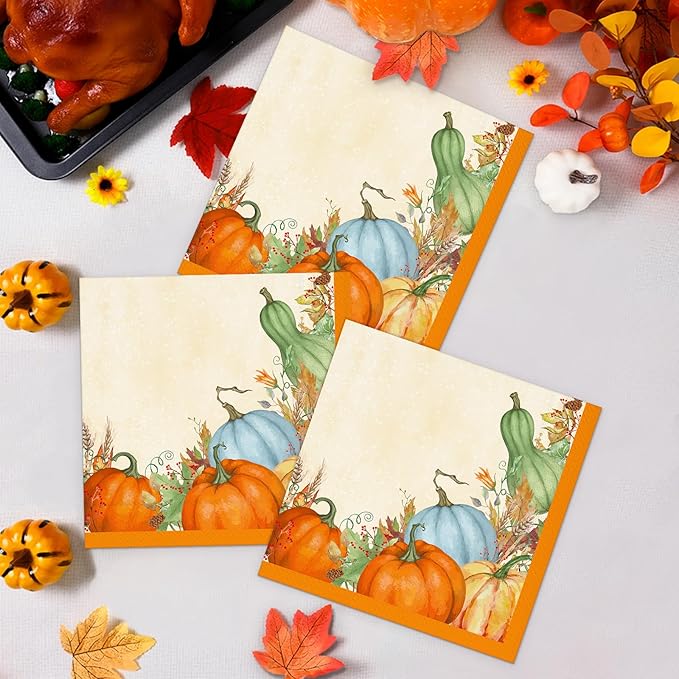 80 Thanksgiving Party Paper Napkins Disposable 13" x 13" Fall Dinner Napkins Autumn Harvest Pumpkin Luncheon Napkins