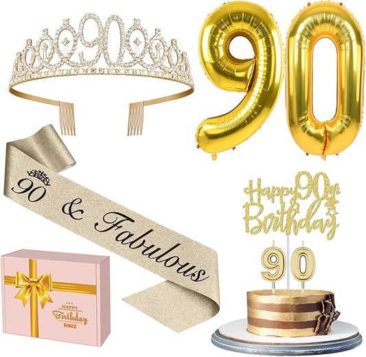 90th Birthday Decorations for Women Gold with 90th Birthday Sash and Tiara, Cake Topper and Candles, Number Balloons, 90 Year Old Gifts for Women