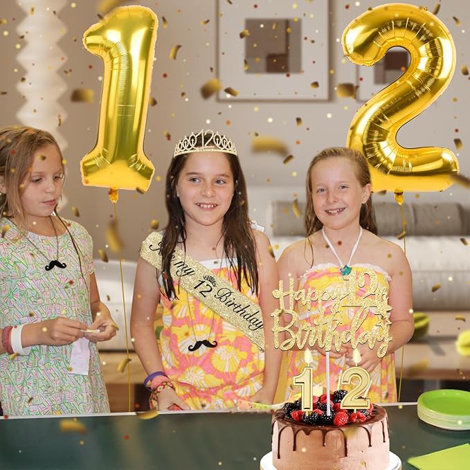 12th Birthday Decorations for Girls Gold with 12th Birthday Sash and Tiara, Candles and Cake Toppers, Number Balloons, 12 Year Old Gifts for Girl
