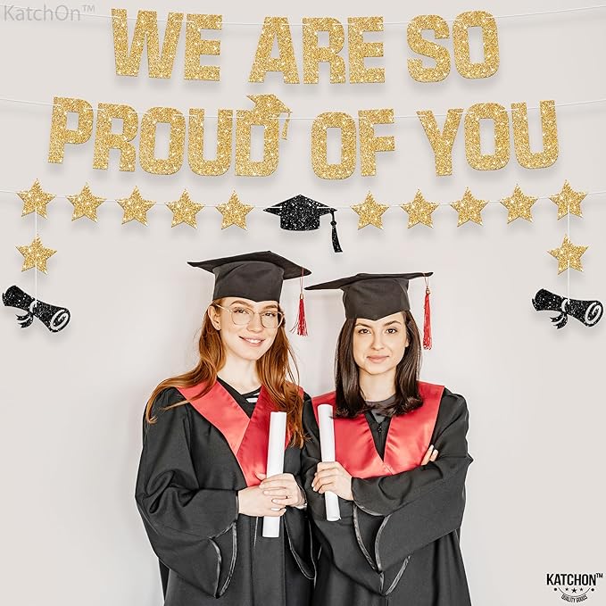 KatchOn, Glitter Gold We are So Proud of You Banner - 10 Feet, No DIY | Pre Strung Black and Gold Graduation Banner for Graduation Decorations 2025 | Class of 2025 Decorations