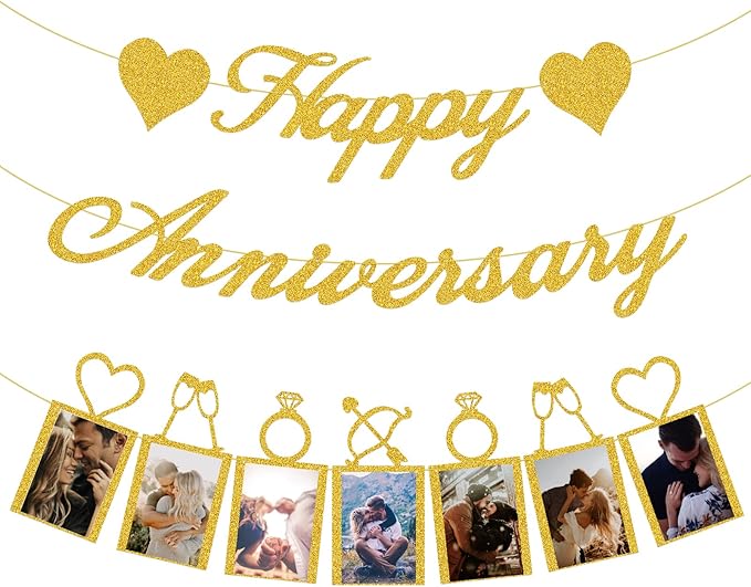 Happy Anniversary Party Decorations - Banner and Photo Banner for Wedding Party Decor