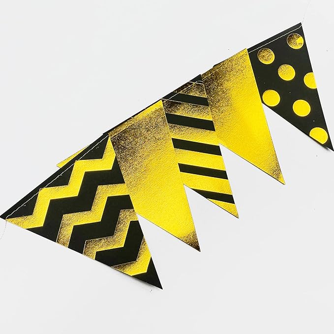 39 Ft Black Gold Triangle Pennant Banner Metallic Foil Polka Dot Stripe Paper Flag Bunting Garland Streamer for Birthday Anniversary Graduation Wedding Bridal Shower Party Decorations Supplies