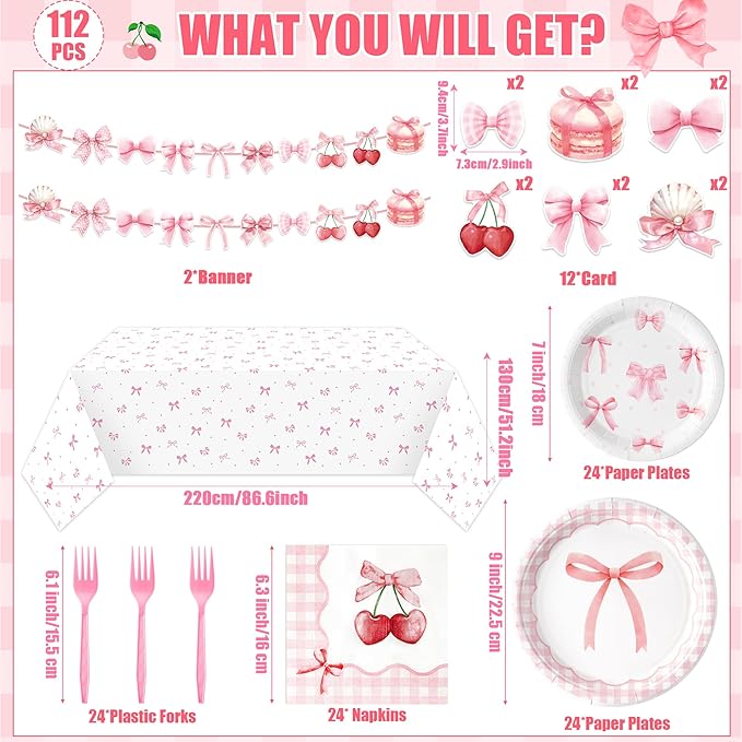 Coquette Pink Bow Party Decorations - Serves 24 - 112Pcs Bowknot Party Supplies, Disposable Plates Napkins Forks Tablecloth Banner Card, for Bachelorette Bridal Engagement Wedding Birthday