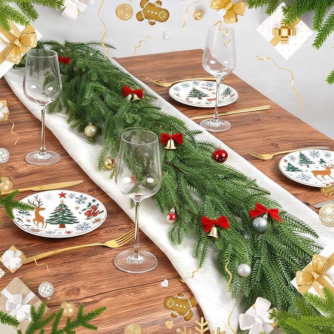 9FT Christmas Norfolk Pine Garland, Artificial Pine Needles Winter Garlands Faux Greenery Fake Garland for Holiday Fireplace,Table, Window, Stairs, Mante, Indoor Outdoor Decor (2 Pack, 9 FT)