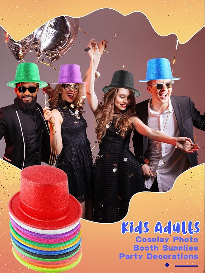 24 Pack Neon Top Hats Glitter Plastic Top Hat Colorful Magician Hat Bright Party Hats for Adult Kids Photo Booth Props Birthday New Years Party Supplies, 12 Colors