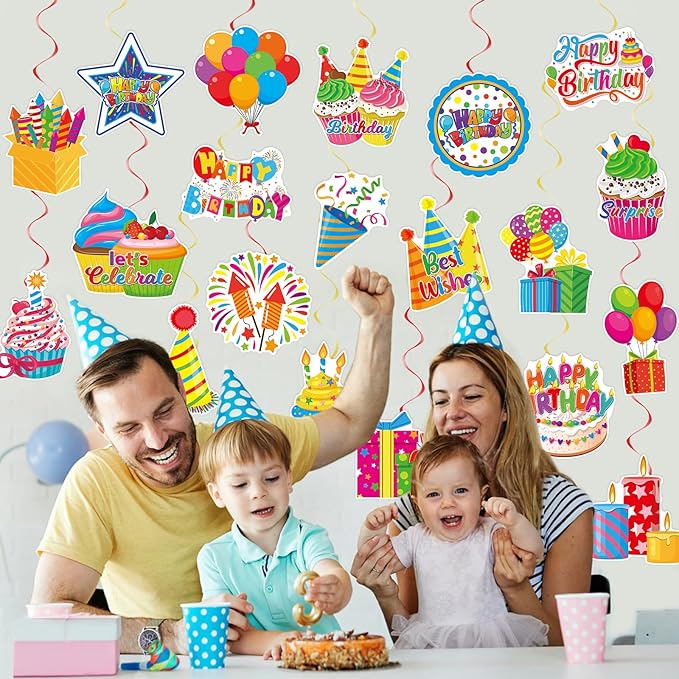40Pcs Birthday Hanging Swirl Decorations, Colorful Cupcake Balloons Hat Sign Swirl Decor Happy Birthday Hanging Ornaments for Boy Girl Kid Party Supplies