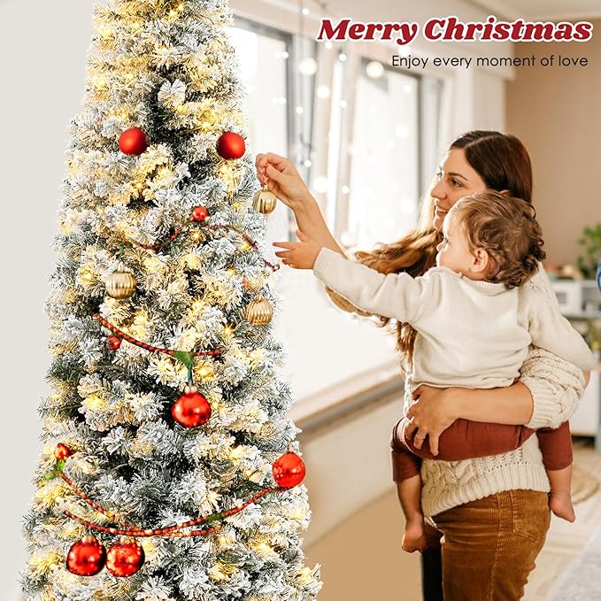 6.5ft Pre-lit Snow Flocked Pencil Christmas Tree Fir Hinged Slim Corner Xmas Tree Holiday Decoration with 250 Incandescent Warm White Lights & 586 Snow Branch Tips, White