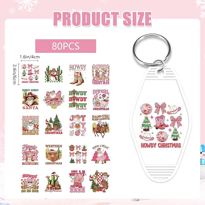Christmas UV DTF Stickers - 80 Sheets Pink Christmas UV DTF Decals for Motel Keychain, Western Xmas Bow Santa Snowman Rub on Transfer Stickers, DIY Hotel Keychain Blank Personalized Crafts