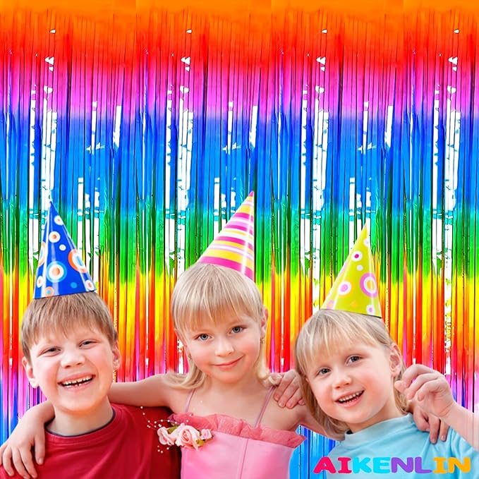 4 Pack Macaron Colorful Foil Fringe Curtain Backdrop, 3.2Ft x 9.8Ft Metallic Tinsel Foil Fringe Streamers Curtains for Party, Photo Booth Prop, Birthday, Wedding, Christmas Party Decoration Supplies