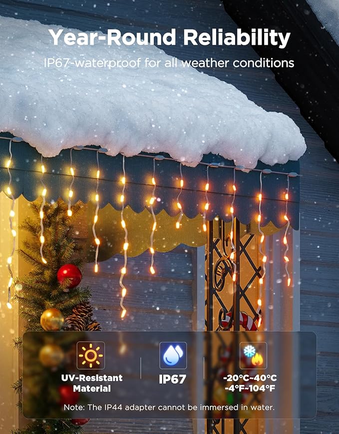 Govee Icicle Lights, Smart RGBIC Christmas Lights for Outside, 66ft with 800 LEDs Icicle Light for Outdoor, IP67 Waterproof, Music Sync, Voice Control, 78+ Scene Modes for Halloween Decor