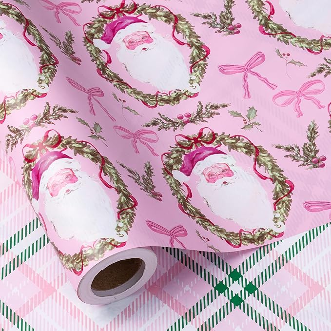 RUSPEPA 30" X 32.8' Reversible Christmas Wrapping Large Paper Roll, Jumbo Roll, Pink Santa Claus, Floral Wreath, Bow Design, Green Pink Plaid Gift Wrap for Girls, Kids, Family, Xmas Holiday Gifts