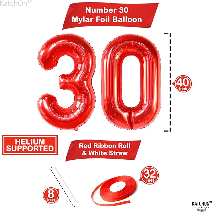 KatchOn, Red 30 Balloon Numbers - Giant 40 Inch | Red 30th Birthday Balloons for Her | Number 30 Balloons for Birthday | 30 Balloon Numbers for 30th Decorations for Her | 30th Anniversary Decorations