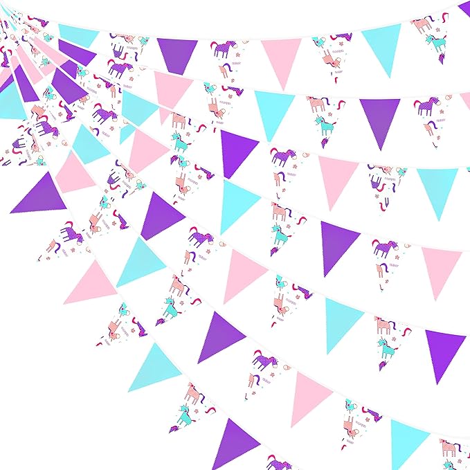 32Ft Pink Purple Blue Pennant Banner Fabric Triangle Flag Bunting Garland for Rainbow Theme Summer Decor Magical Birthday Wedding Party Home Outdoor Garden Hanging Decorations