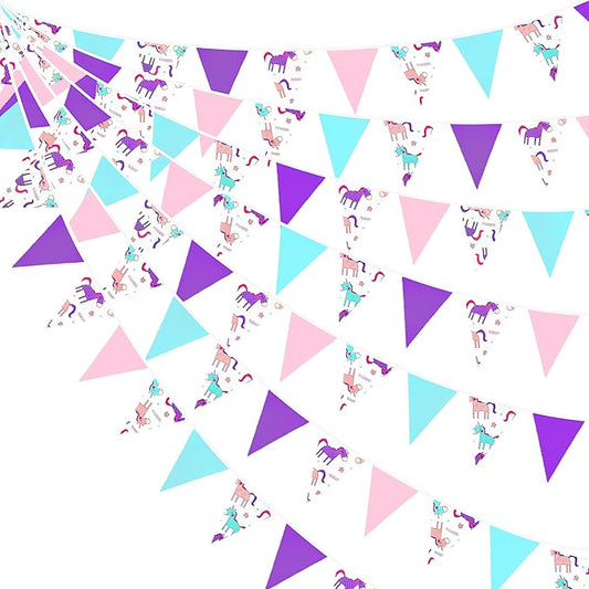 32Ft Pink Purple Blue Pennant Banner Fabric Triangle Flag Bunting Garland for Rainbow Theme Summer Decor Magical Birthday Wedding Party Home Outdoor Garden Hanging Decorations