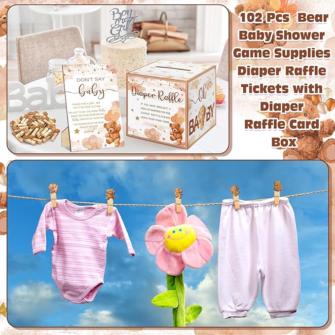 102 Pcs Bear Baby Shower Game Supplies Diaper Raffle Ticket with Diaper Raffle Card Box Don't Say Baby Sign Mini Bear Clothespin Game Decor for Gender Reveal Favor