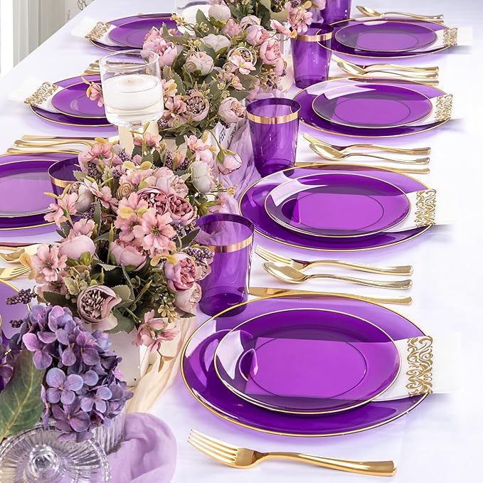 YOUBET 175PCS Purple Plastic Plates - Purple and Gold Disposable Plates Include 50 Plate, 75 Silverware, 25 Cups, 25 Napkins for Wedding & Party