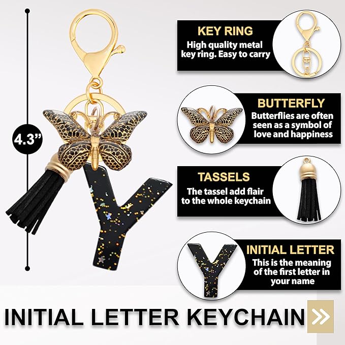 Initial Letter Keychain, Butterfly Keychain Cute Resin, Initial Keychain Backpack Charms, Key chain for Women, Girls