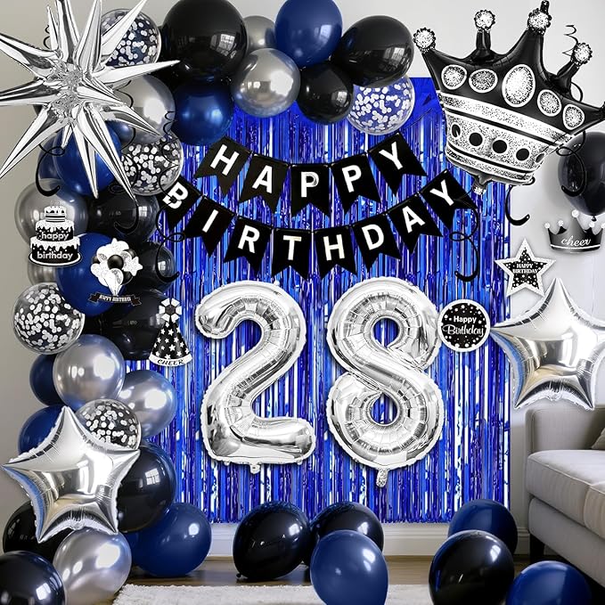 28th Birthday Decorations for Men and Women, Black Blue Silver Happy Birthday Number 28 Balloons, Banner, Fringe Curtains Garland Kit - 28 Year Old Party Supplies